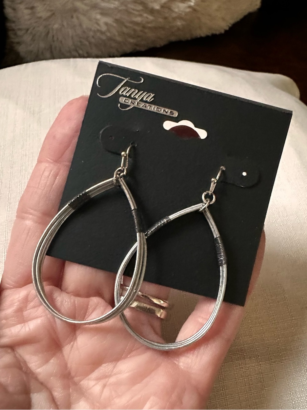 Silver Hoop pierced Earrings with Black Wrap Accent